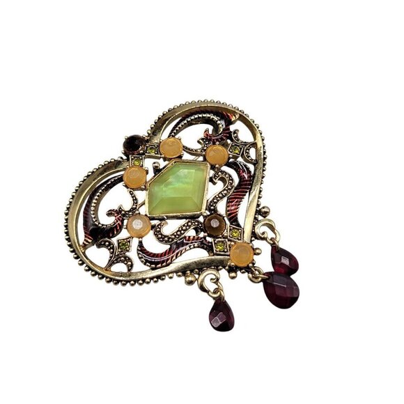 Gold Plated Enamel Heart Center Green Chalcedony Dangle Glass Rhinestone Accents - Picture 8 of 9